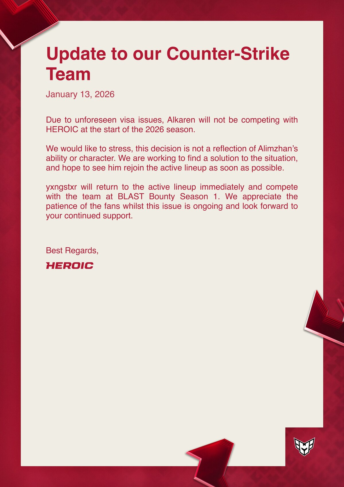 HEROIC сыграет с заменой на BLAST Bounty по CS2