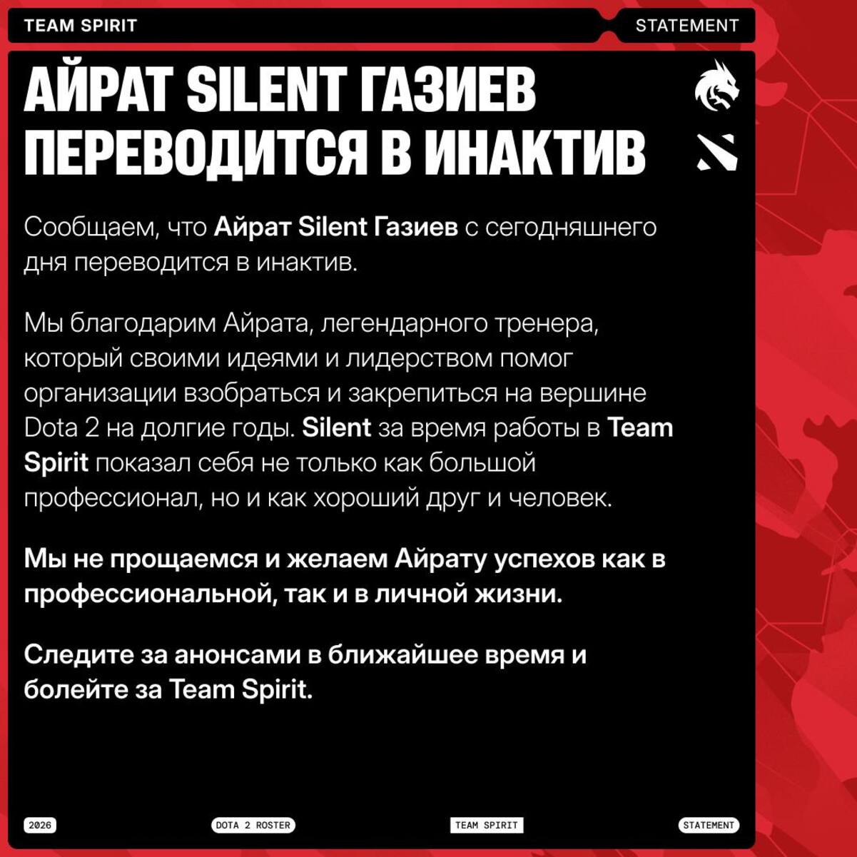 Team Spirit по Dota 2 перевела Silent в инактив